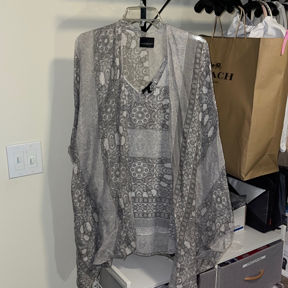 Lane Bryant 2-Piece Twin Set Gray Medallion Tank Top & Kimono Shawl 24W